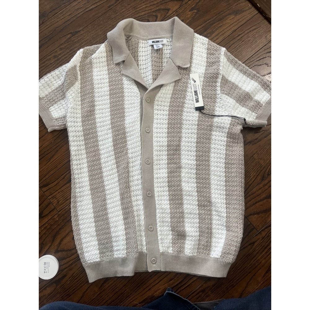 William Rast Mens Polo Tan White Sweater Short Sleeve Knit Button Down Mens S